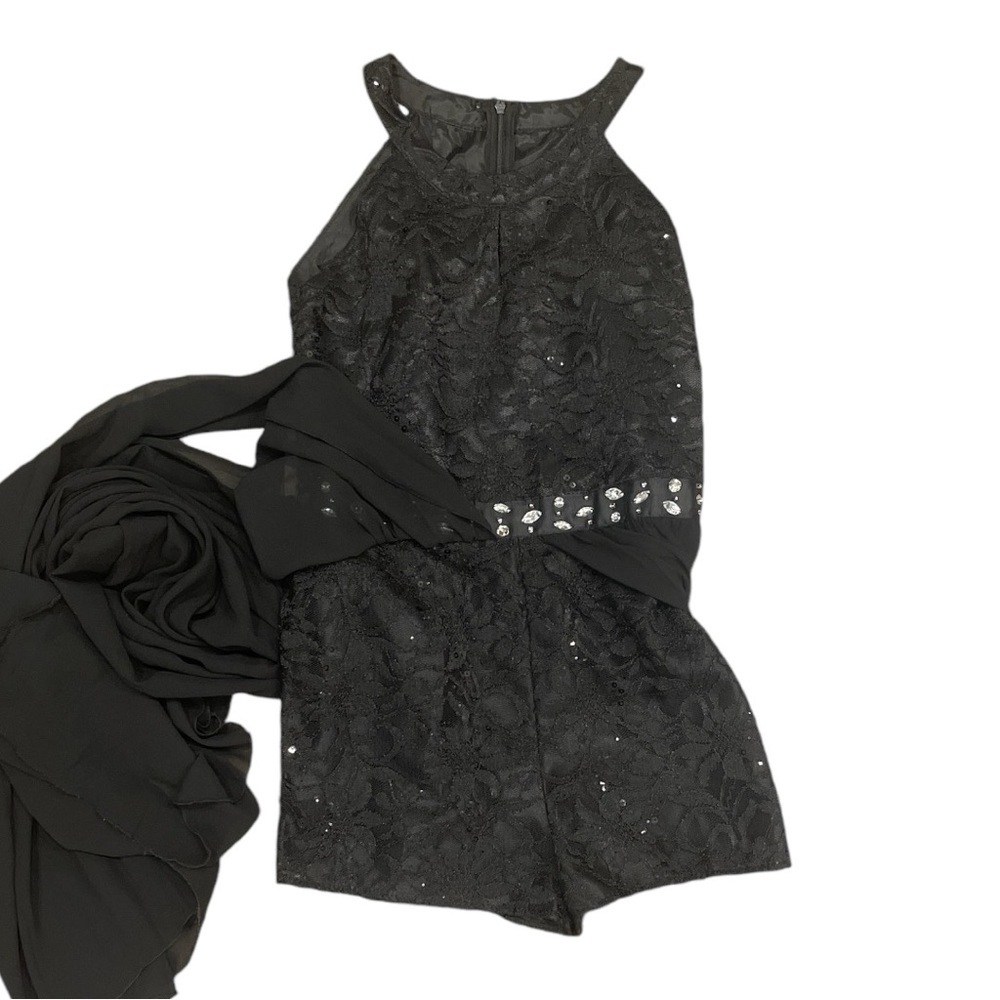 IEFIEL SZ14 (GIRL) dance black sleeveless sequined romper chiffon partial dress